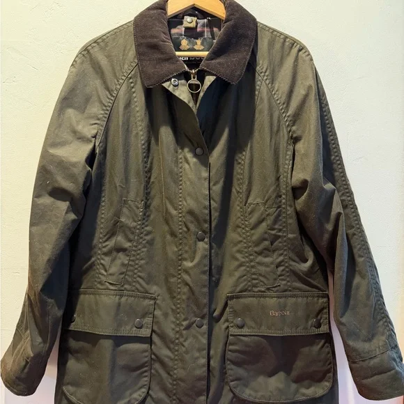 Barbour Dark Olive Green Waxed Utility Jacket with Brown Corduroy Collar - Picture 1 of 4